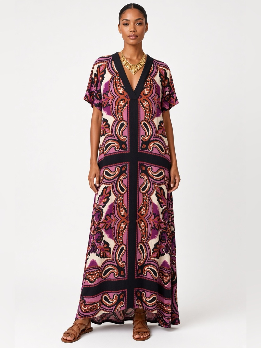 glam Pink, Orange & Black Paisley V-Neck Maxi Dress